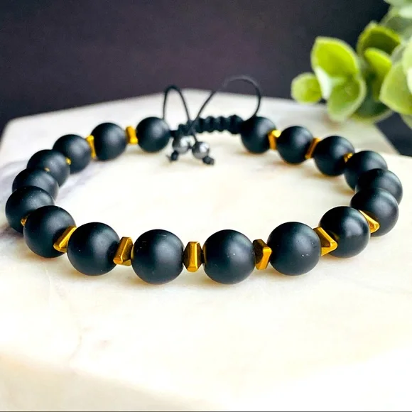 Men Matte Onyx Bracelet 8mm round beads Adjustable Cord Macrame - Picture 2 of 5